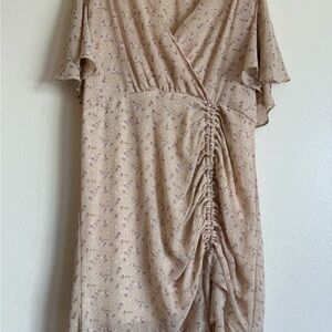 Beige Floral Ruched Wrap Dress Romantic Cottage Core
